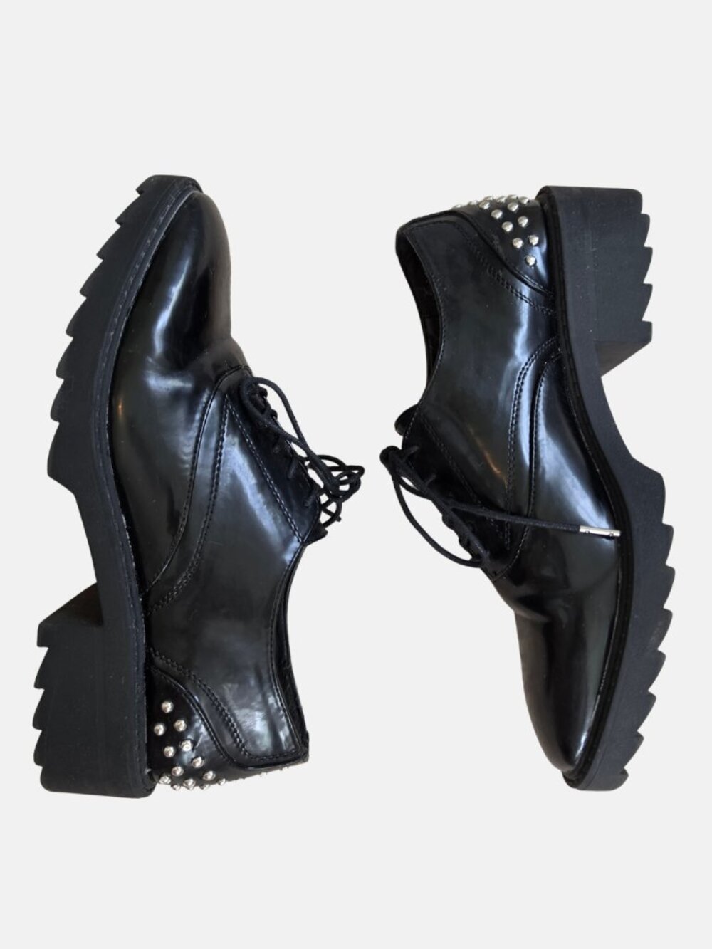 ZARA Black Studded Heel Patent Lug Sole Oxford Derby Shoes 37 US 6.5